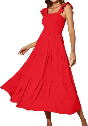 Summer Elegant Dresses for Women Solid Color Ruffle Sleeve Pleated Swing Casual Party Dress Fashion Design
