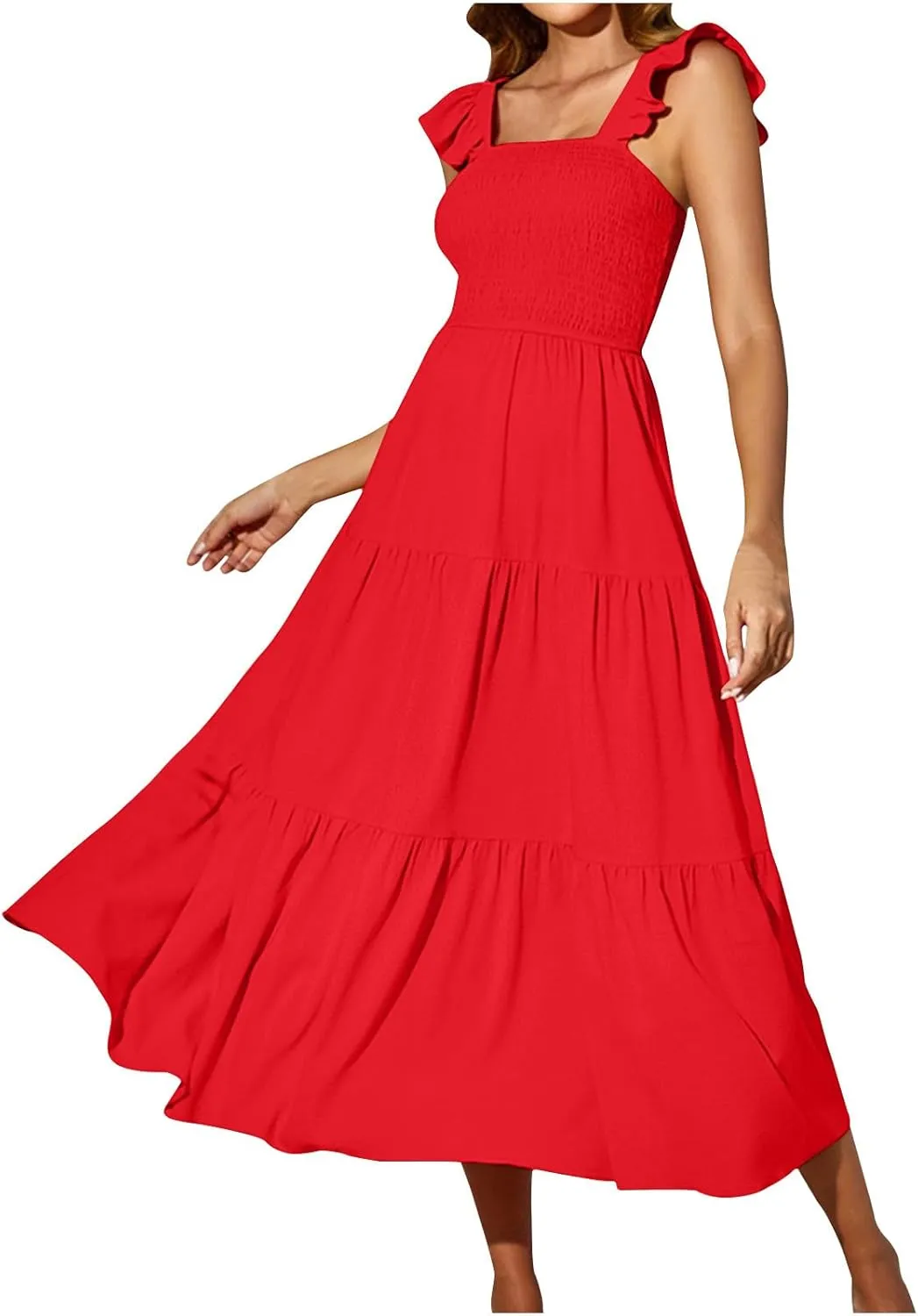 Summer Elegant Dresses for Women Solid Color Ruffle Sleeve Pleated Swing Casual Party Dress Fashion Design