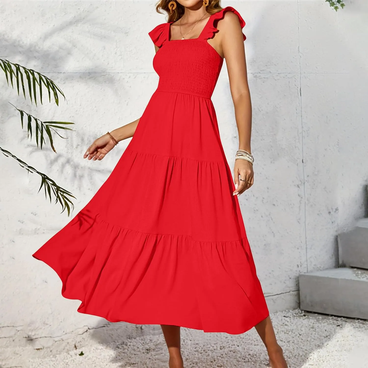 Summer Elegant Dresses for Women Solid Color Ruffle Sleeve Pleated Swing Casual Party Dress Fashion Design