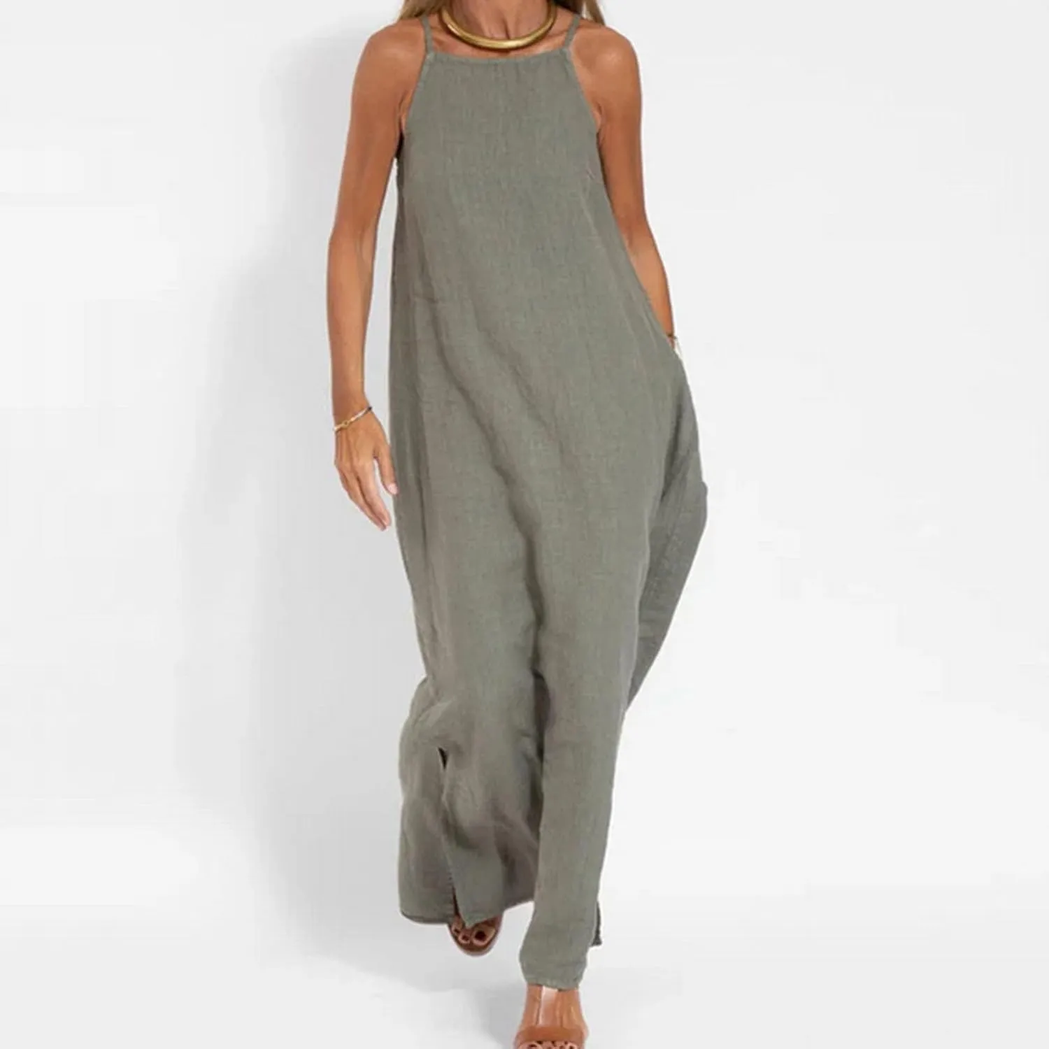 Summer Fashoin Women Solid Color Breathable Maxi Dress Loose Casual Pleated Sleeveless Strapes Long Dresses