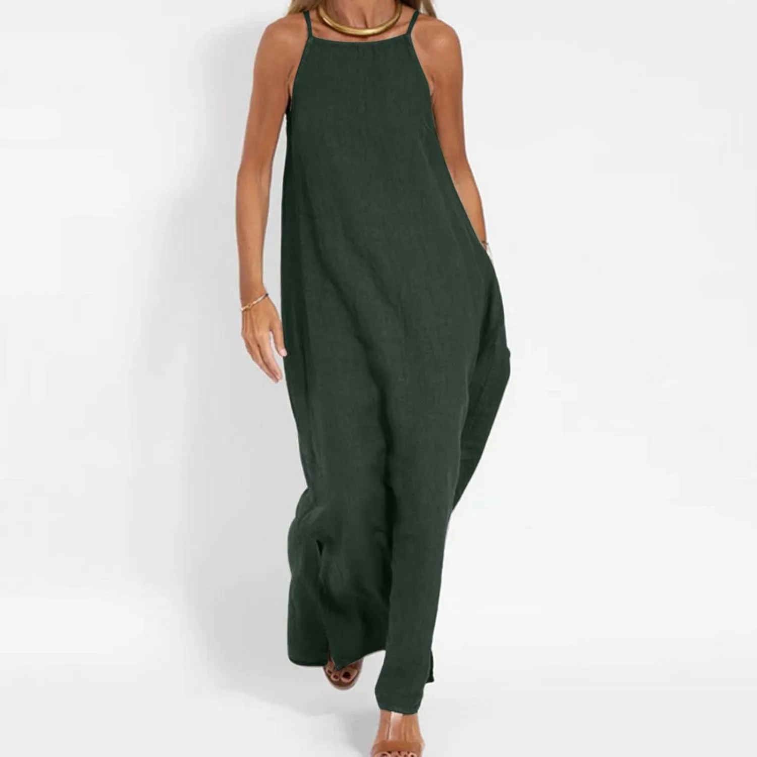 Summer Fashoin Women Solid Color Breathable Maxi Dress Loose Casual Pleated Sleeveless Strapes Long Dresses