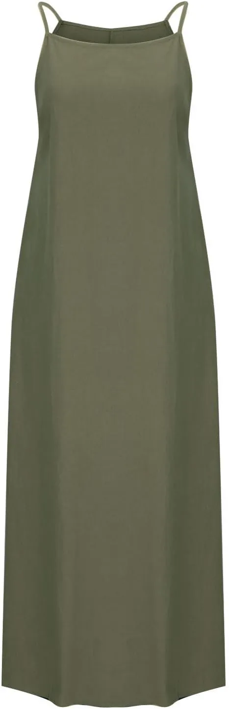 Summer Fashoin Women Solid Color Breathable Maxi Dress Loose Casual Pleated Sleeveless Strapes Long Dresses