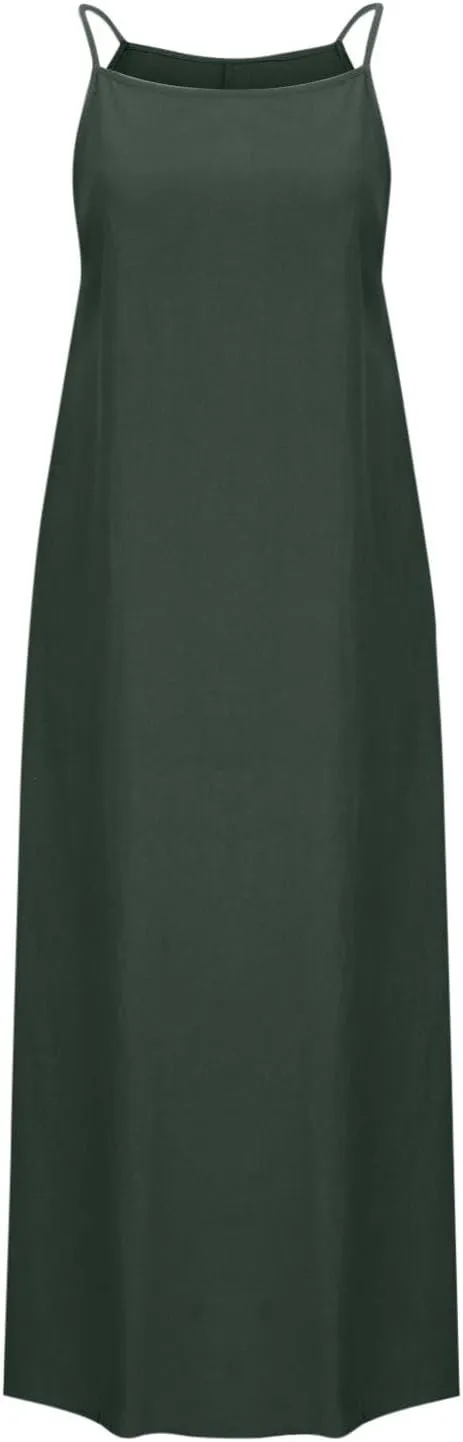 Summer Fashoin Women Solid Color Breathable Maxi Dress Loose Casual Pleated Sleeveless Strapes Long Dresses