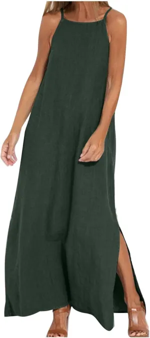 Summer Fashoin Women Solid Color Breathable Maxi Dress Loose Casual Pleated Sleeveless Strapes Long Dresses