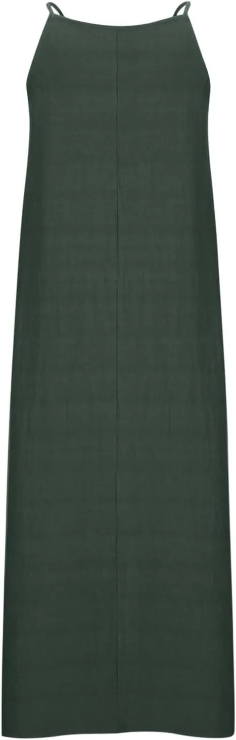 Summer Fashoin Women Solid Color Breathable Maxi Dress Loose Casual Pleated Sleeveless Strapes Long Dresses