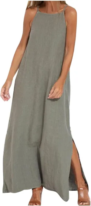 Summer Fashoin Women Solid Color Breathable Maxi Dress Loose Casual Pleated Sleeveless Strapes Long Dresses