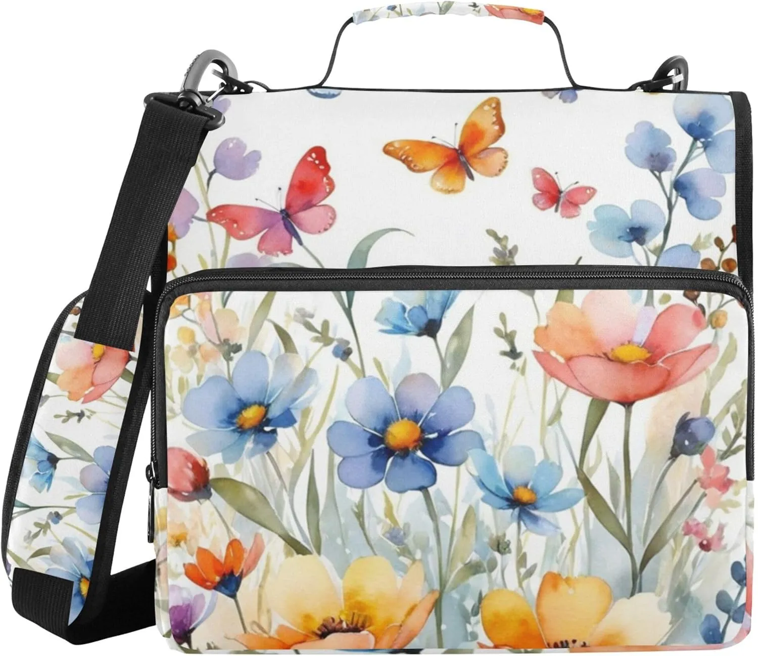Summer Meadow Flowers Butterflies Document Binder Organizer with Shoulder Strap & Handle Waterproof 1.5 Inch 3 Rings Pencil Bags Portfolio Binder Office Supplies