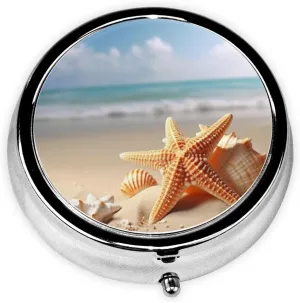 Summer Starfish Seashell Pill Box Round Pill Case for Pocket Purse 3 Compartment Medicine Pill Organizer Cute Portable Travel Pillbox Vitamin Cod Liver Oil Storage Box Unique Gift Organizer