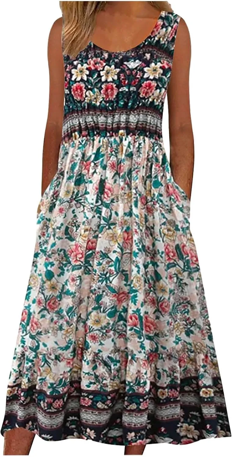 Summer Women Fashion Sundress Floral Printed Sleeveless Pleated Boho Dresses Casual Sexy Round Neck Beach Dress