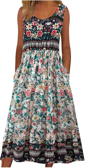 Summer Women Fashion Sundress Floral Printed Sleeveless Pleated Boho Dresses Casual Sexy Round Neck Beach Dress