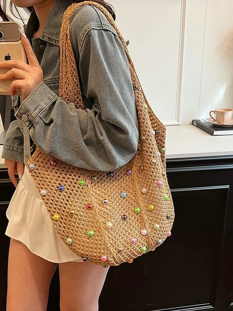 Summer Woven Tote Handbags for Women Boho Beach Bag Hollow Straw Shoulder Purse Ladies Satchels for Travel