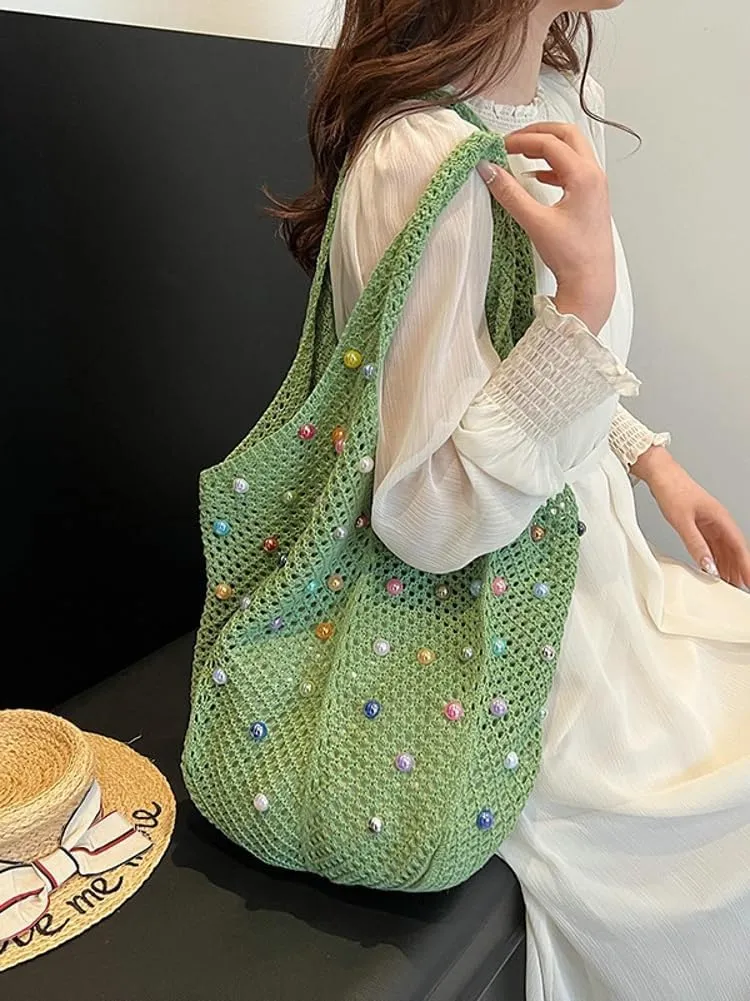 Summer Woven Tote Handbags for Women Boho Beach Bag Hollow Straw Shoulder Purse Ladies Satchels for Travel
