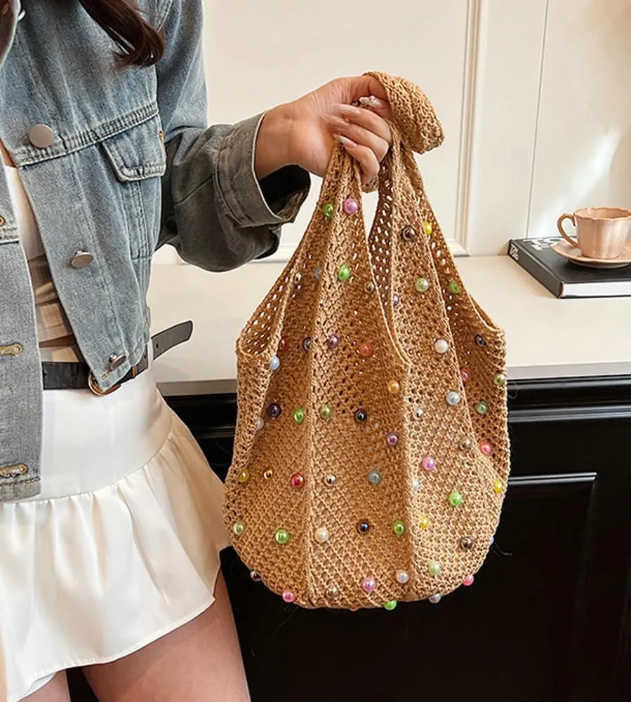 Summer Woven Tote Handbags for Women Boho Beach Bag Hollow Straw Shoulder Purse Ladies Satchels for Travel