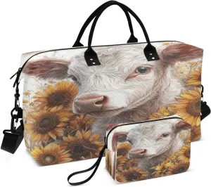 Sunflowers and Highland Cows Travel Duffel Bags 2PCS,Sports Duffel Bags for Men Women,Weekender Overnight Bag Gym Tote Bag with Toiletry Bag