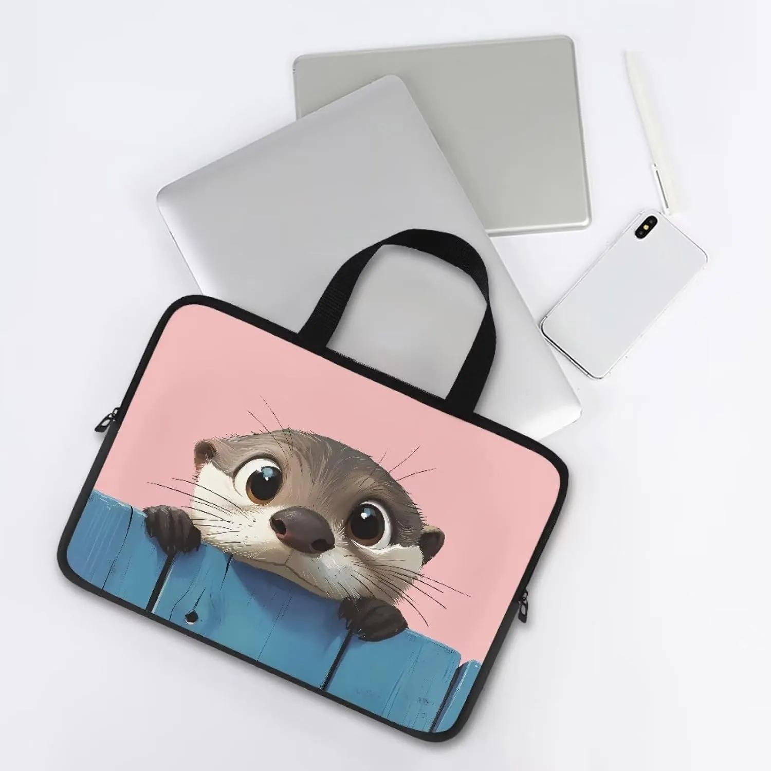 Suobstales Cute Otter Print Laptop Case Sleeve Durable Shockproof Protective Computer Carrying Cover, Briefcase Handbags Laptop Sleeve Bag with Handle, 10 Inch