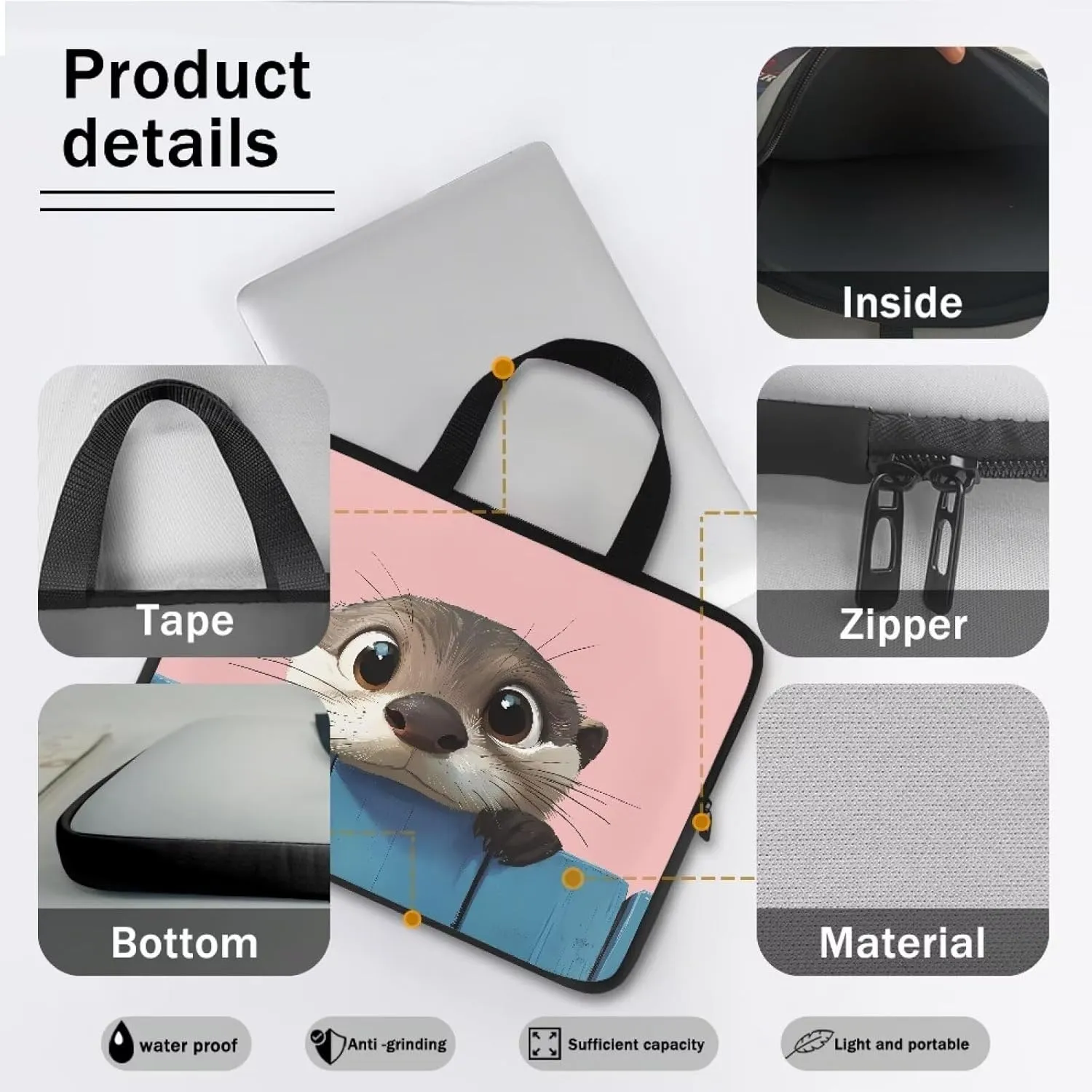 Suobstales Cute Otter Print Laptop Case Sleeve Durable Shockproof Protective Computer Carrying Cover, Briefcase Handbags Laptop Sleeve Bag with Handle, 10 Inch