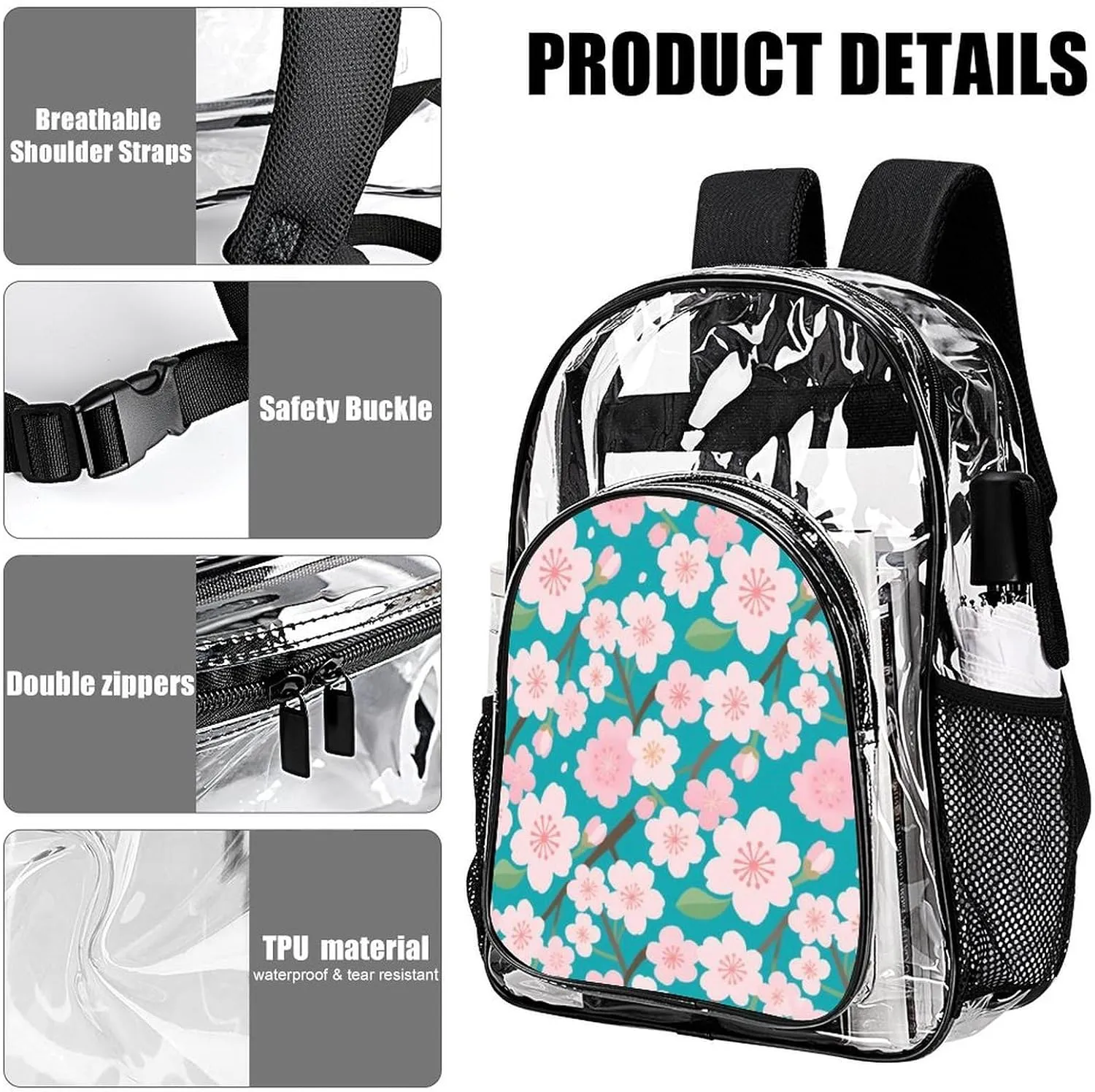 Supdreamc Adults Lightweight Spring Pink Blossom Trees Cherry Flowers Art Rucksacks Large Capacity Bookbag Transparent Bag for Trekking Outdoors Bicycle