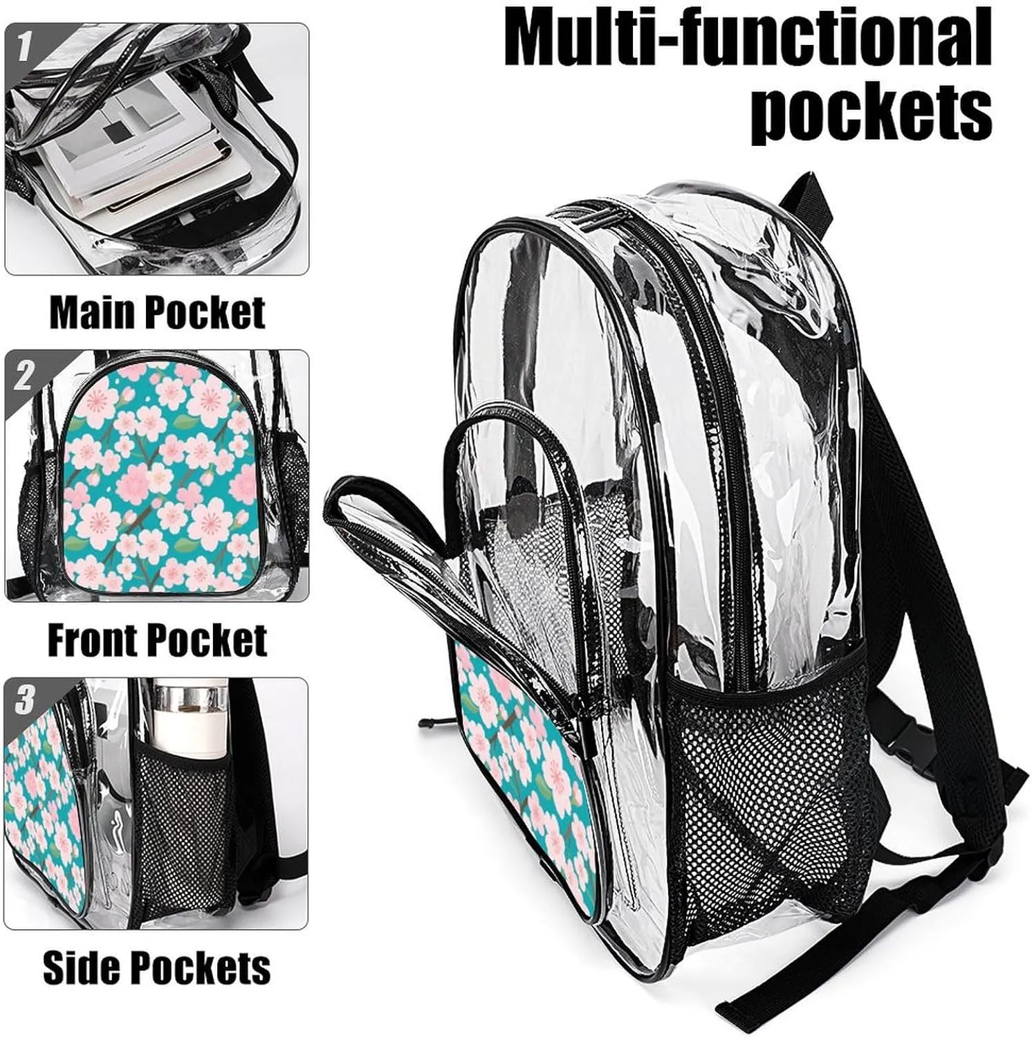 Supdreamc Adults Lightweight Spring Pink Blossom Trees Cherry Flowers Art Rucksacks Large Capacity Bookbag Transparent Bag for Trekking Outdoors Bicycle