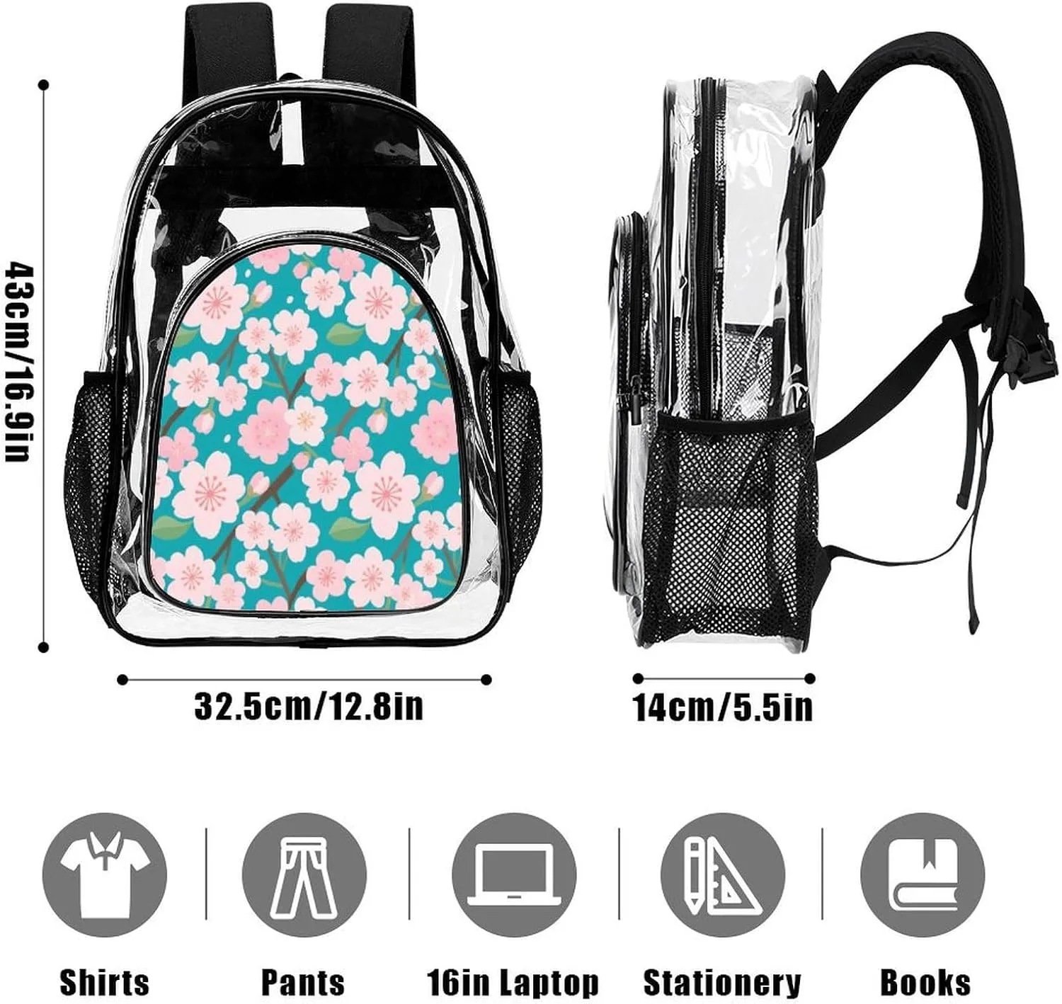 Supdreamc Adults Lightweight Spring Pink Blossom Trees Cherry Flowers Art Rucksacks Large Capacity Bookbag Transparent Bag for Trekking Outdoors Bicycle