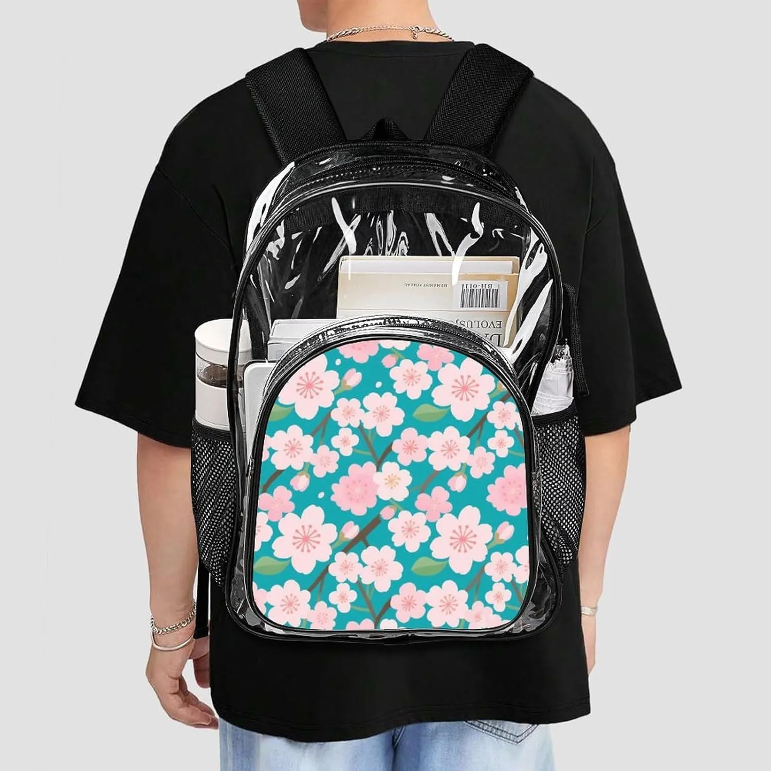 Supdreamc Adults Lightweight Spring Pink Blossom Trees Cherry Flowers Art Rucksacks Large Capacity Bookbag Transparent Bag for Trekking Outdoors Bicycle