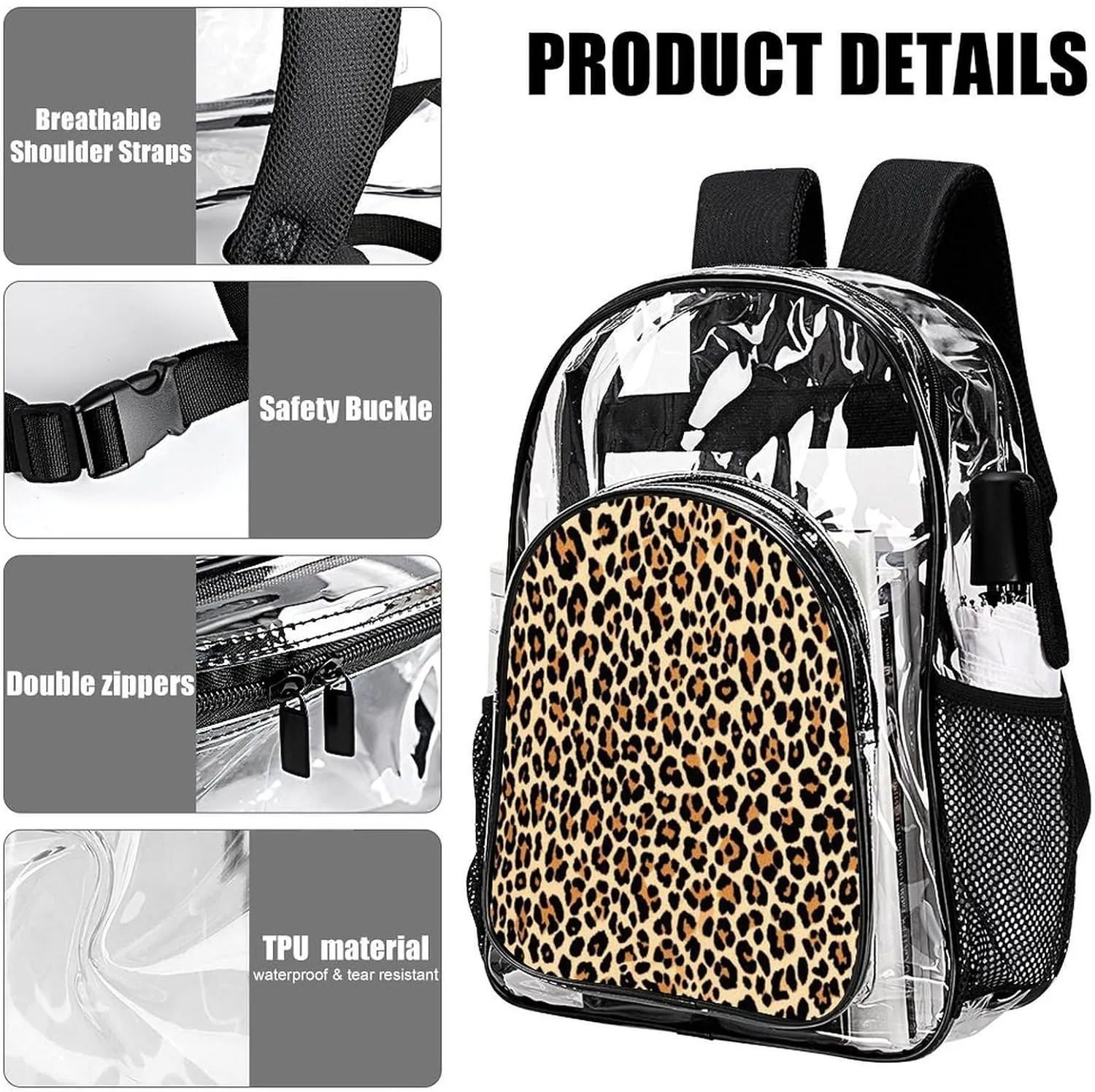 Supdreamc Cool Cheetah Leopard Art Rucksacks Lightweight Multipurpose Anti-Theft Shoulder Bag Large Capacity Business Computer Bag Transparent Bag