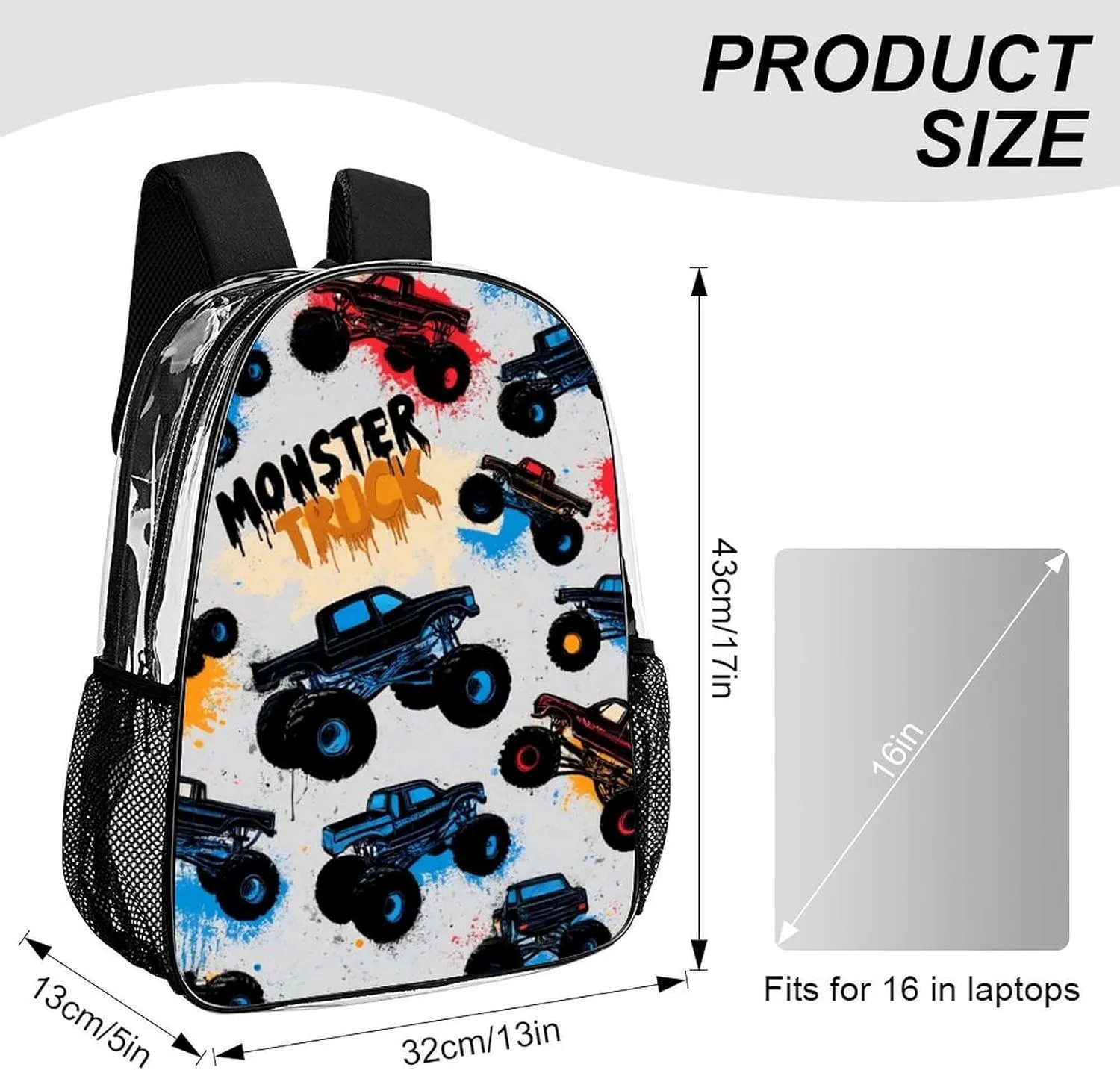 Supdreamc Daypack Bookbag Anti-Theft Multipurpose Large Capacity Bookbag - Grunge Monster Truck Car Art Travel Hiking & Camping Rucksack Transparent Bag