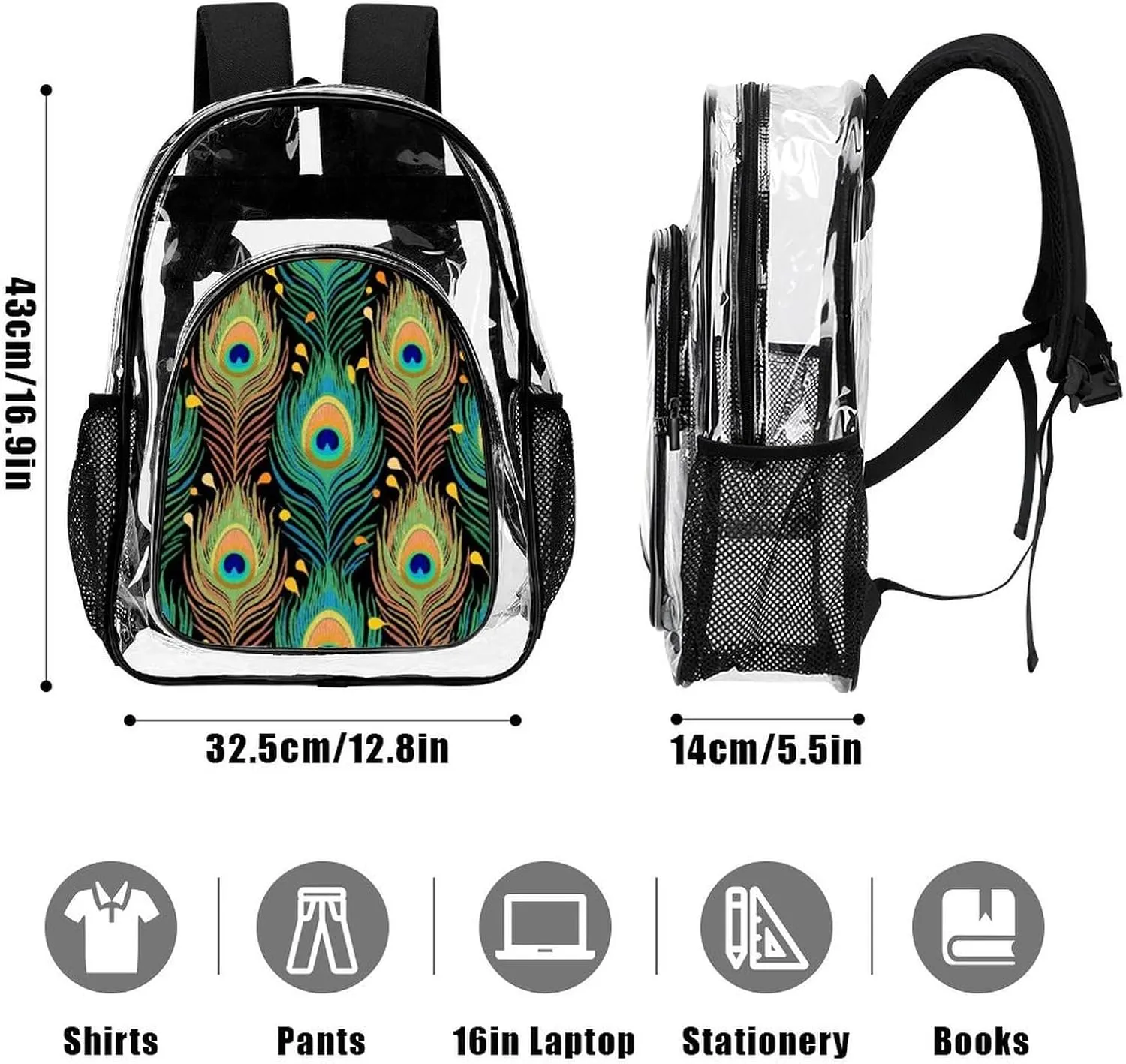Supdreamc Lightweight Backpack for Gym Travel Bicycle - Big Capacity Multipurpose Transparent Carry On Bag, Chic Animal Beautiful Peacock Feather Art Travel Hiking Bag & Day Pack