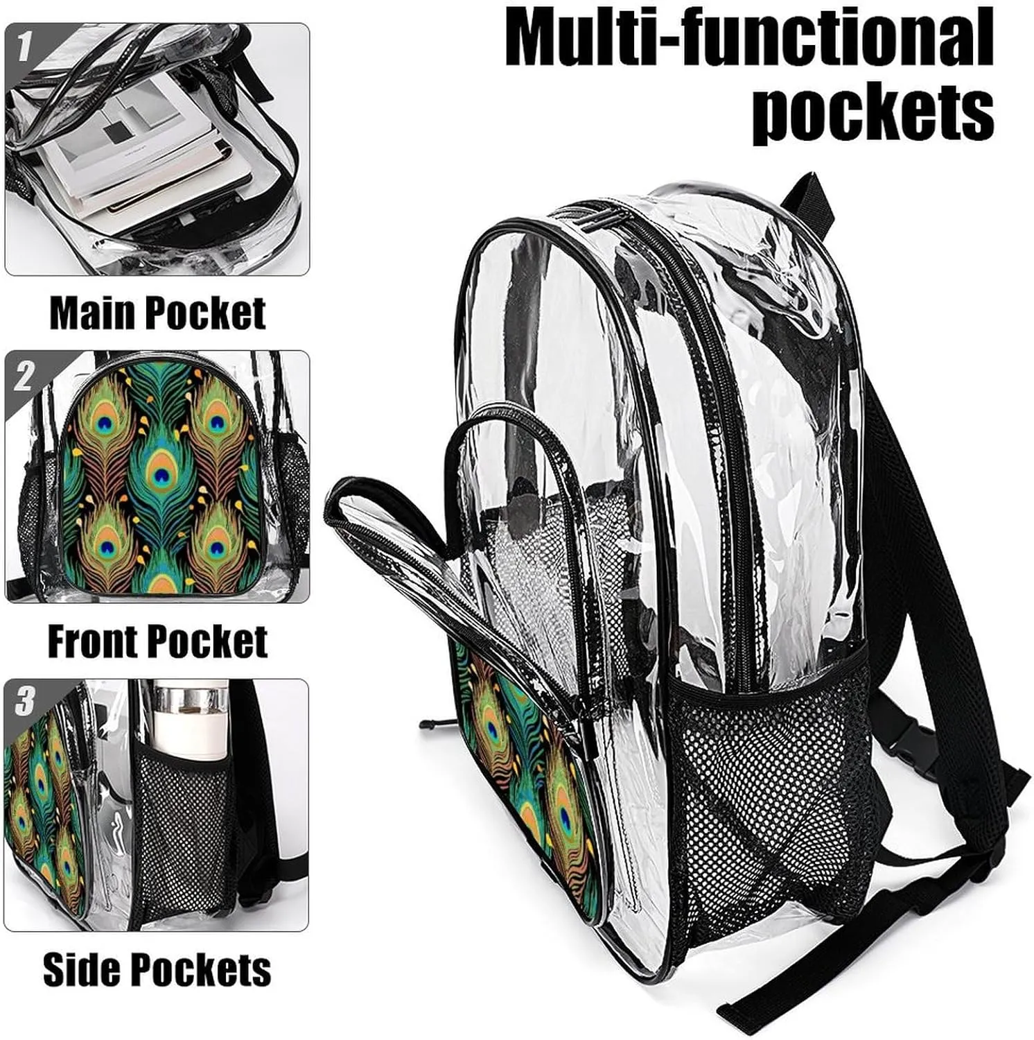 Supdreamc Lightweight Backpack for Gym Travel Bicycle - Big Capacity Multipurpose Transparent Carry On Bag, Chic Animal Beautiful Peacock Feather Art Travel Hiking Bag & Day Pack