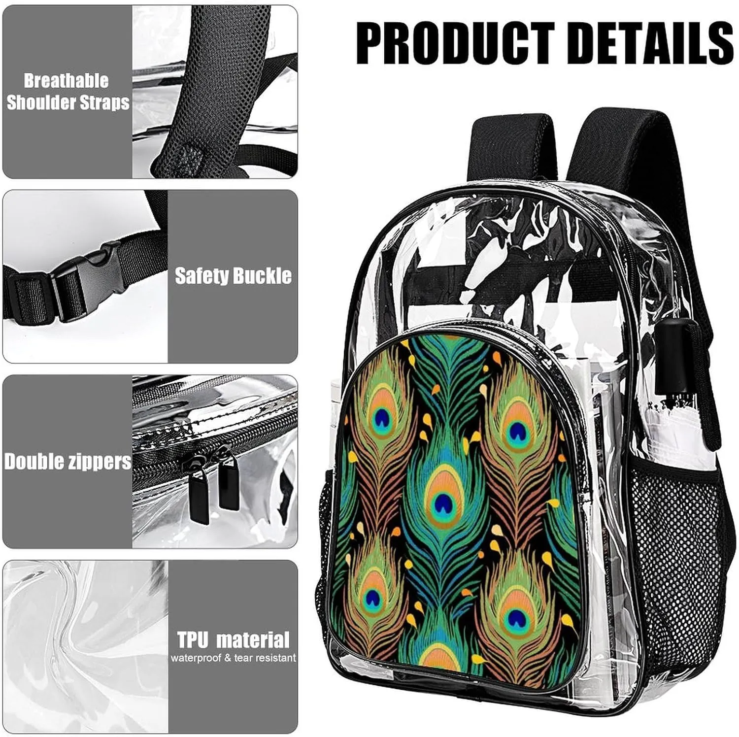 Supdreamc Lightweight Backpack for Gym Travel Bicycle - Big Capacity Multipurpose Transparent Carry On Bag, Chic Animal Beautiful Peacock Feather Art Travel Hiking Bag & Day Pack