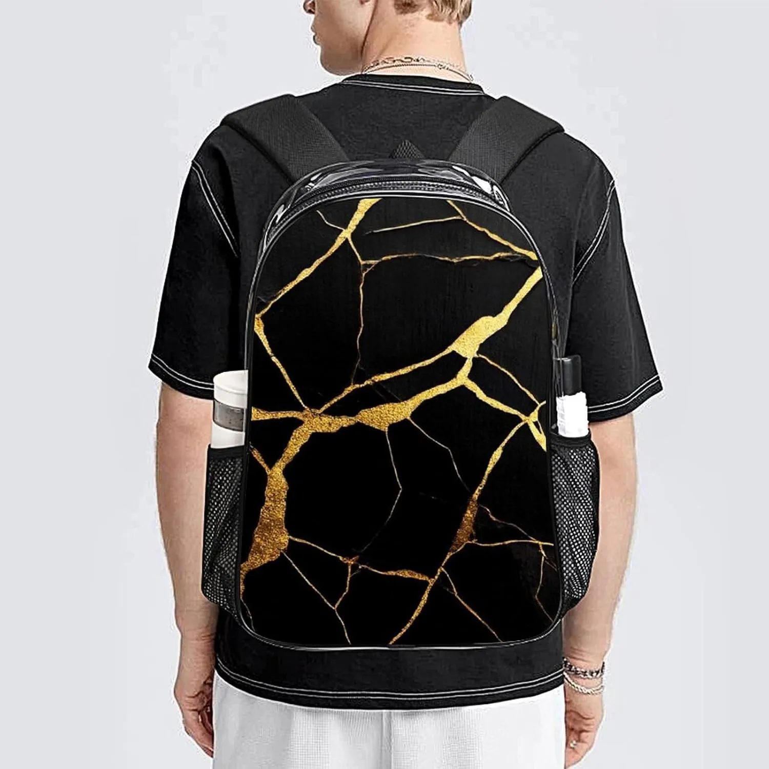Supdreamc Men Women Lightweight Black Marble Gold Texture Backpack Large Capacity Bookbag Transparent Bag for Gym Business Running