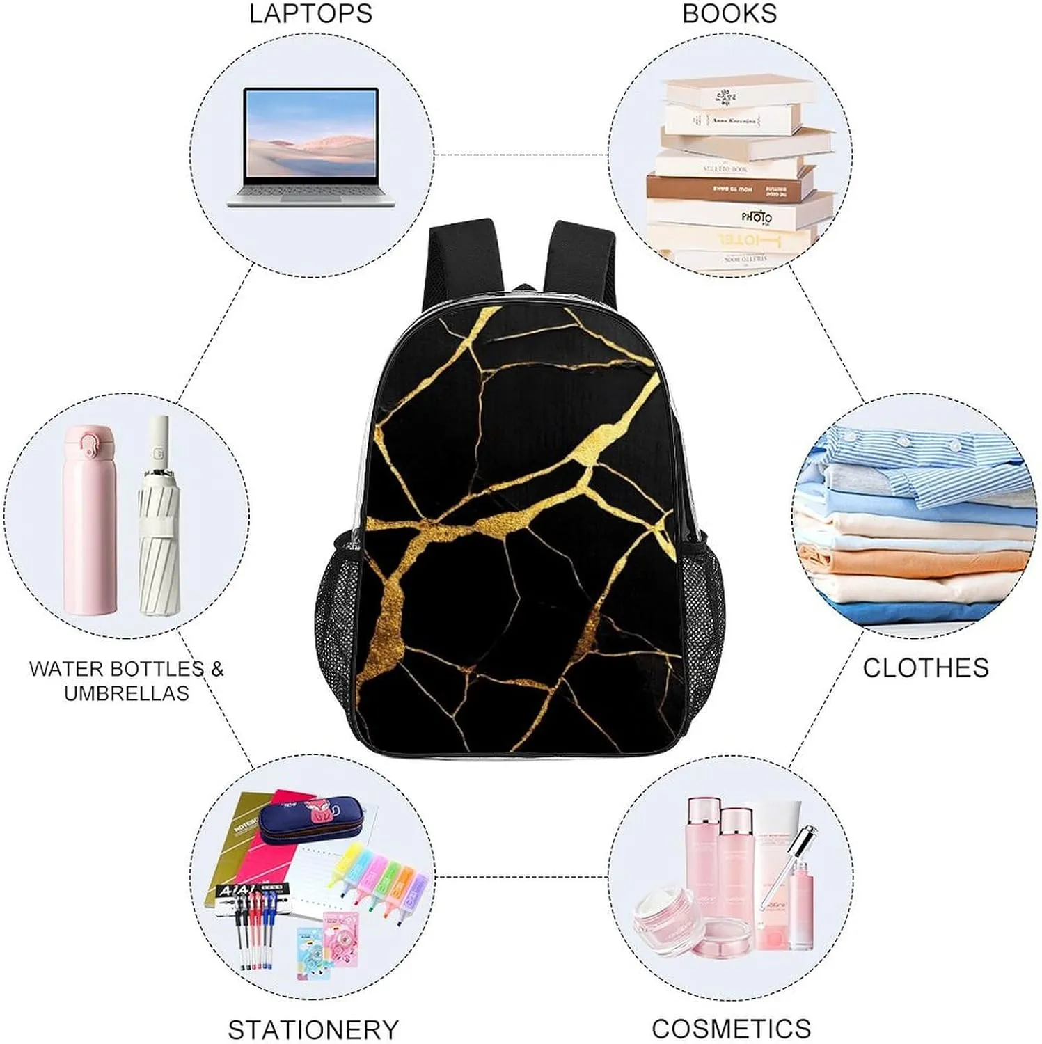 Supdreamc Men Women Lightweight Black Marble Gold Texture Backpack Large Capacity Bookbag Transparent Bag for Gym Business Running