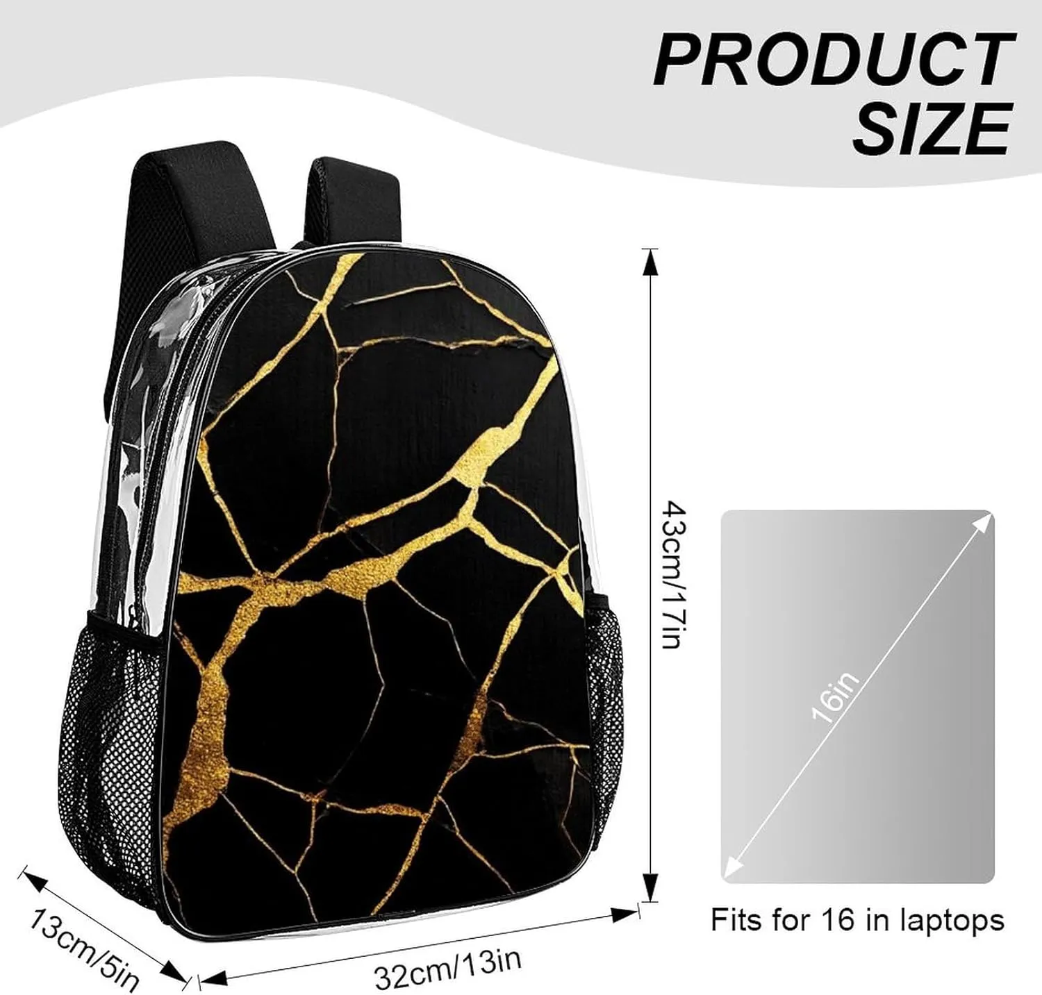 Supdreamc Men Women Lightweight Black Marble Gold Texture Backpack Large Capacity Bookbag Transparent Bag for Gym Business Running