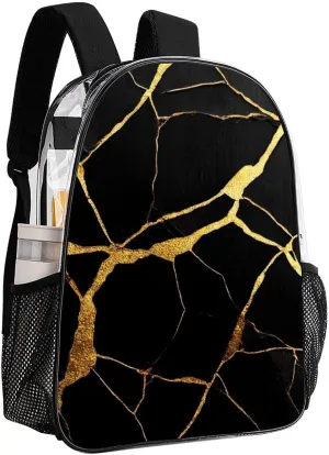 Supdreamc Men Women Lightweight Black Marble Gold Texture Backpack Large Capacity Bookbag Transparent Bag for Gym Business Running