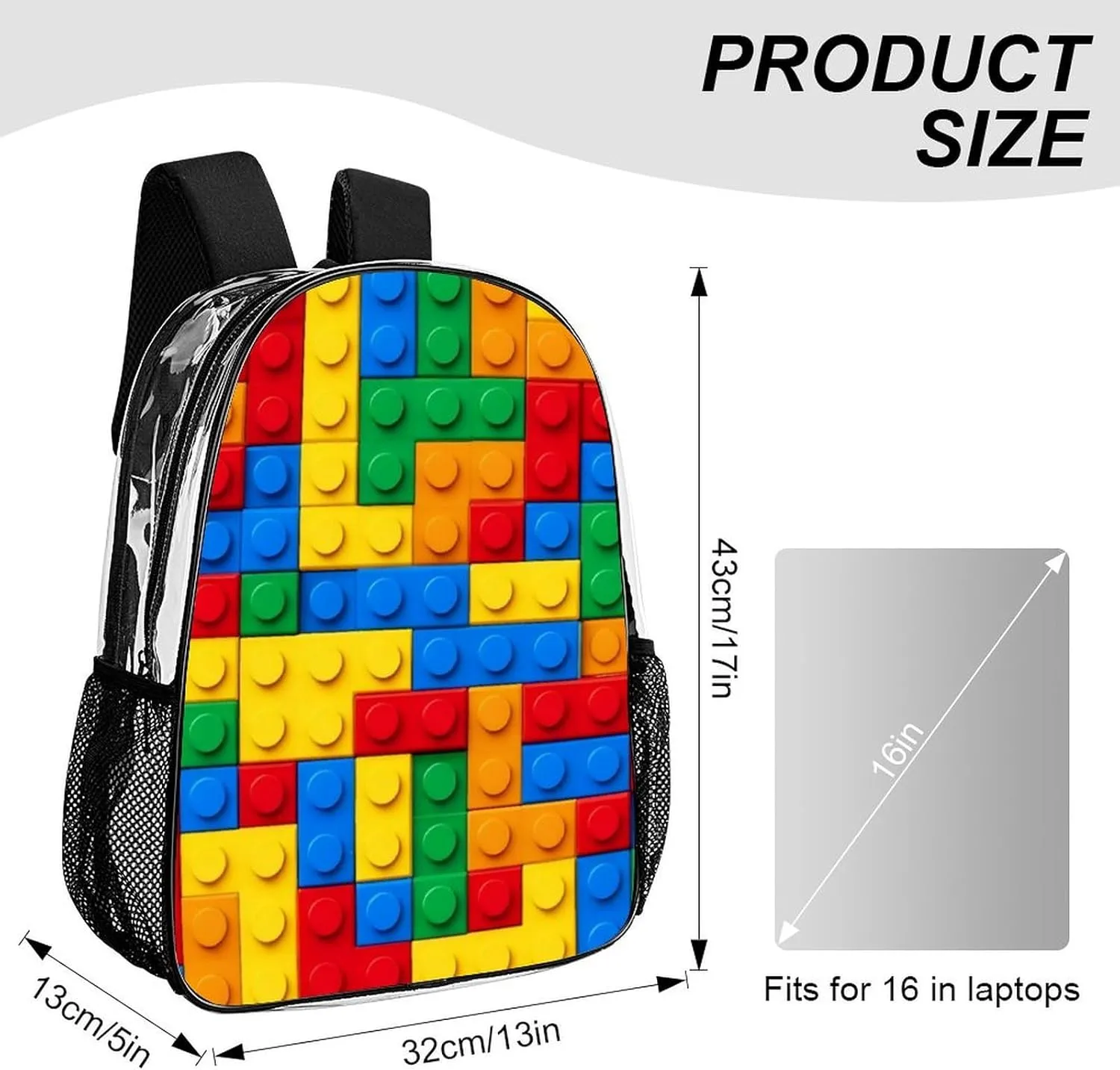 Supdreamc Men Women Lightweight Colorful Building Blocks Bricks Daypack Bookbag Big Capacity Carry On Bag Transparent Bag for Camping Travel Bicycle
