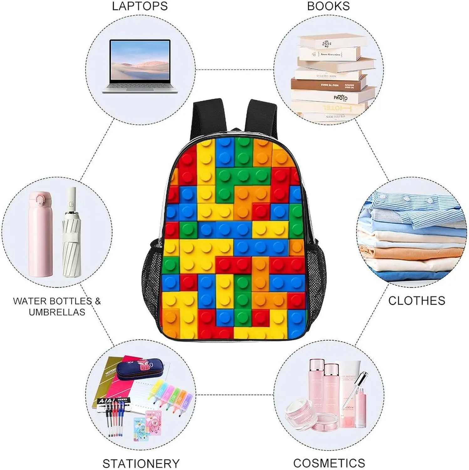 Supdreamc Men Women Lightweight Colorful Building Blocks Bricks Daypack Bookbag Big Capacity Carry On Bag Transparent Bag for Camping Travel Bicycle