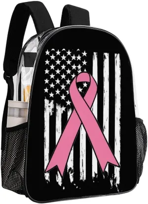 Supdreamc Men Women Transparent Breast Cancer Awareness Pink Ribbon American Flag Casual Daypack Large Capacity Carry On Bag With Adjustable Shoulder Straps for Camping Work Running