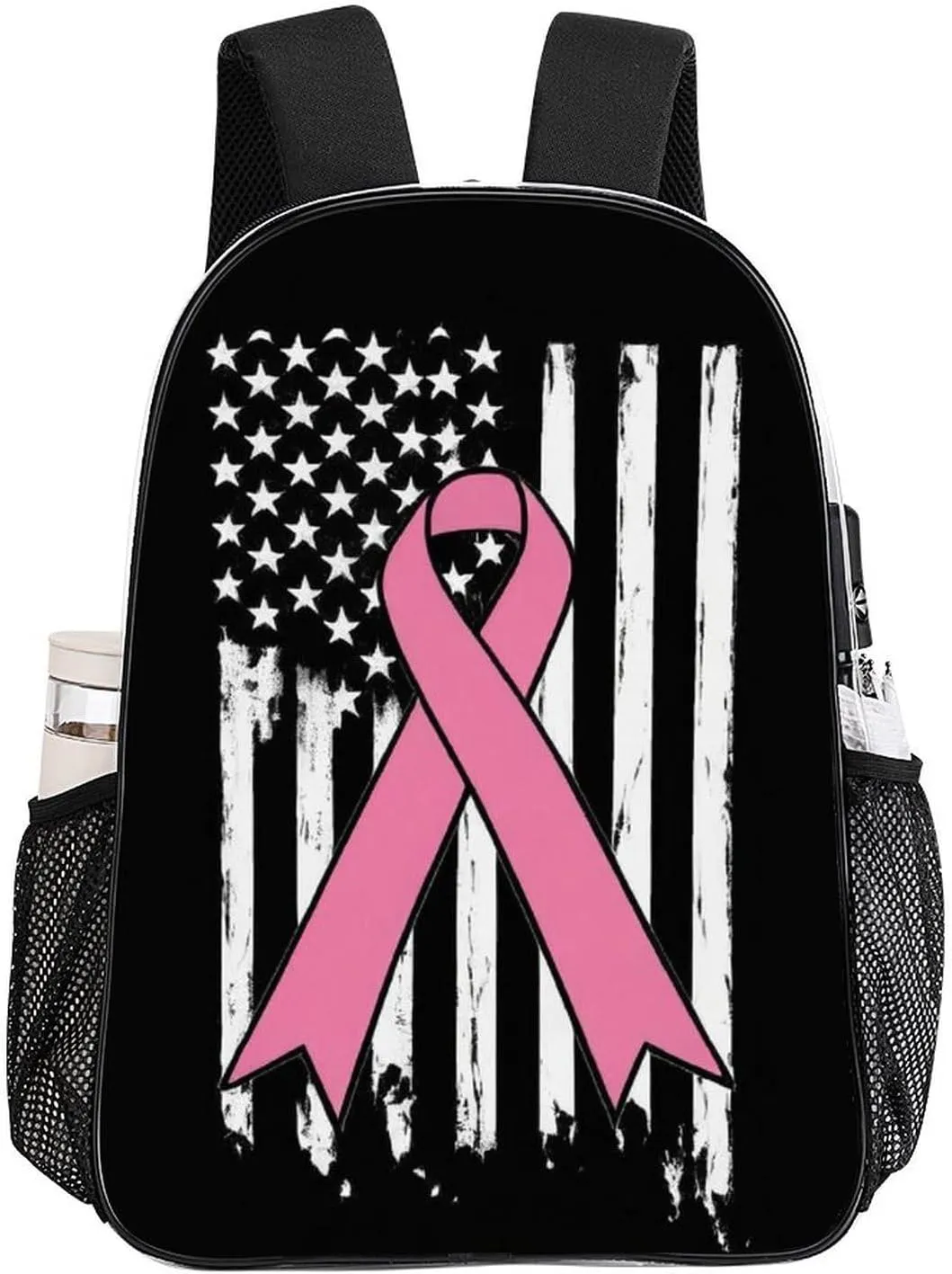 Supdreamc Men Women Transparent Breast Cancer Awareness Pink Ribbon American Flag Casual Daypack Large Capacity Carry On Bag With Adjustable Shoulder Straps for Camping Work Running
