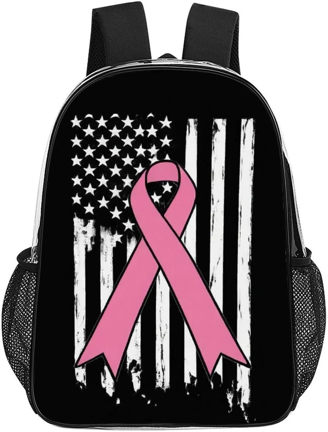 Supdreamc Men Women Transparent Breast Cancer Awareness Pink Ribbon American Flag Casual Daypack Large Capacity Carry On Bag With Adjustable Shoulder Straps for Camping Work Running