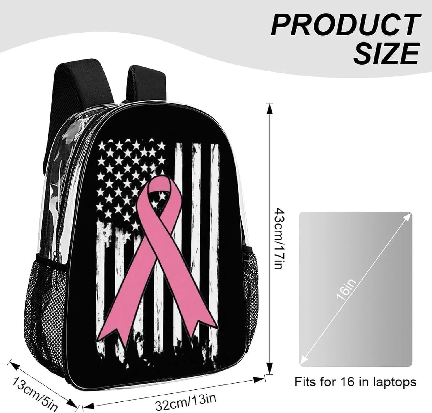 Supdreamc Men Women Transparent Breast Cancer Awareness Pink Ribbon American Flag Casual Daypack Large Capacity Carry On Bag With Adjustable Shoulder Straps for Camping Work Running