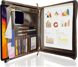 Supreme Business Portfolio by Rustic Town | Professional Organizer for Men & Women | Durable Leather Padfolio | Easy to Carry with A Zippered Closure | Many Slots, Compartments & Holders