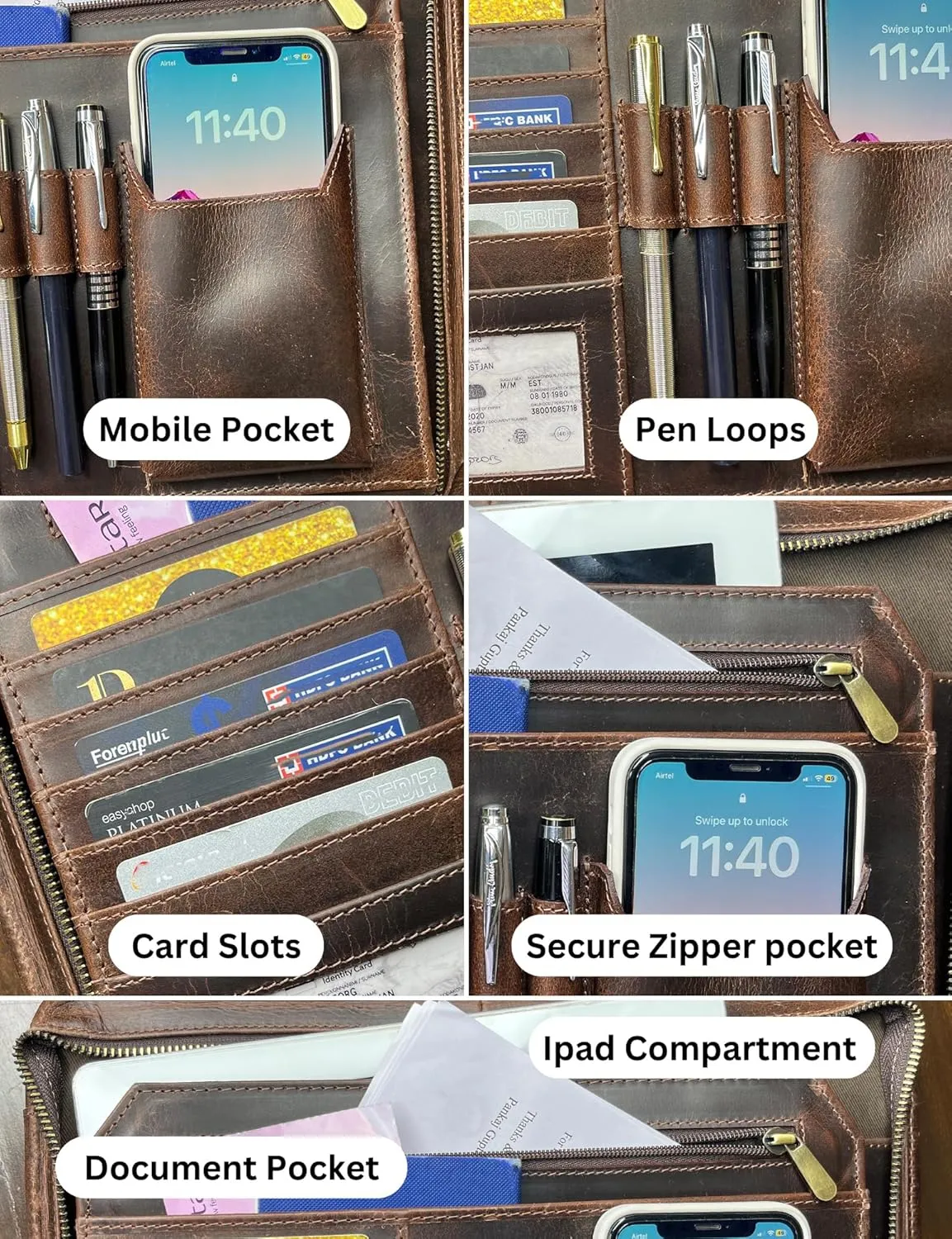 Supreme Business Portfolio by Rustic Town | Professional Organizer for Men & Women | Durable Leather Padfolio | Easy to Carry with A Zippered Closure | Many Slots, Compartments & Holders