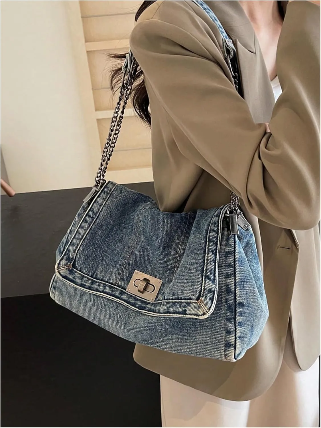 SweatyRocks Women's Denim Shoulder Purses Jean Top Handle Y2k Denim Shoulder Bag Crossbody Handbags