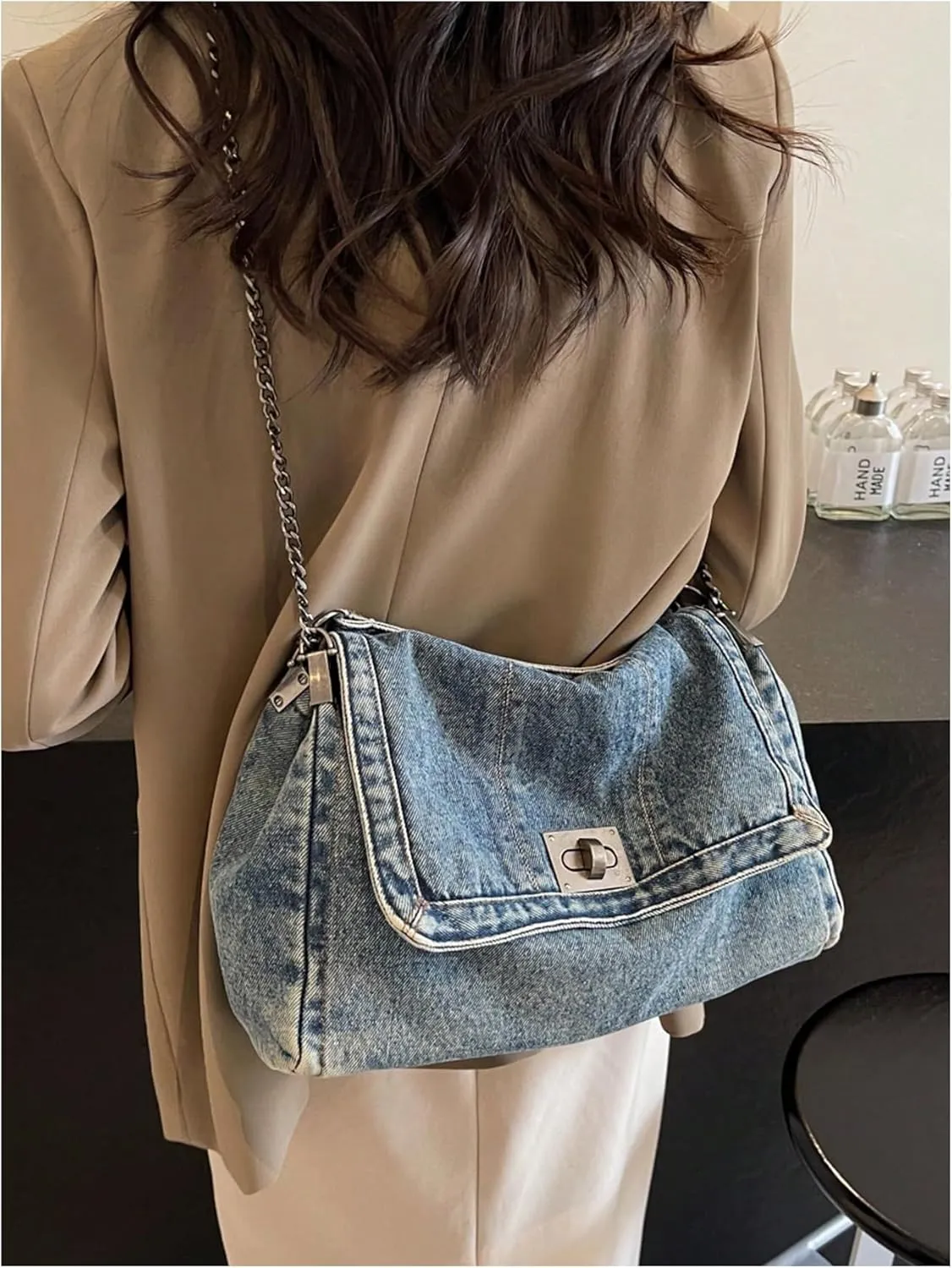 SweatyRocks Women's Denim Shoulder Purses Jean Top Handle Y2k Denim Shoulder Bag Crossbody Handbags