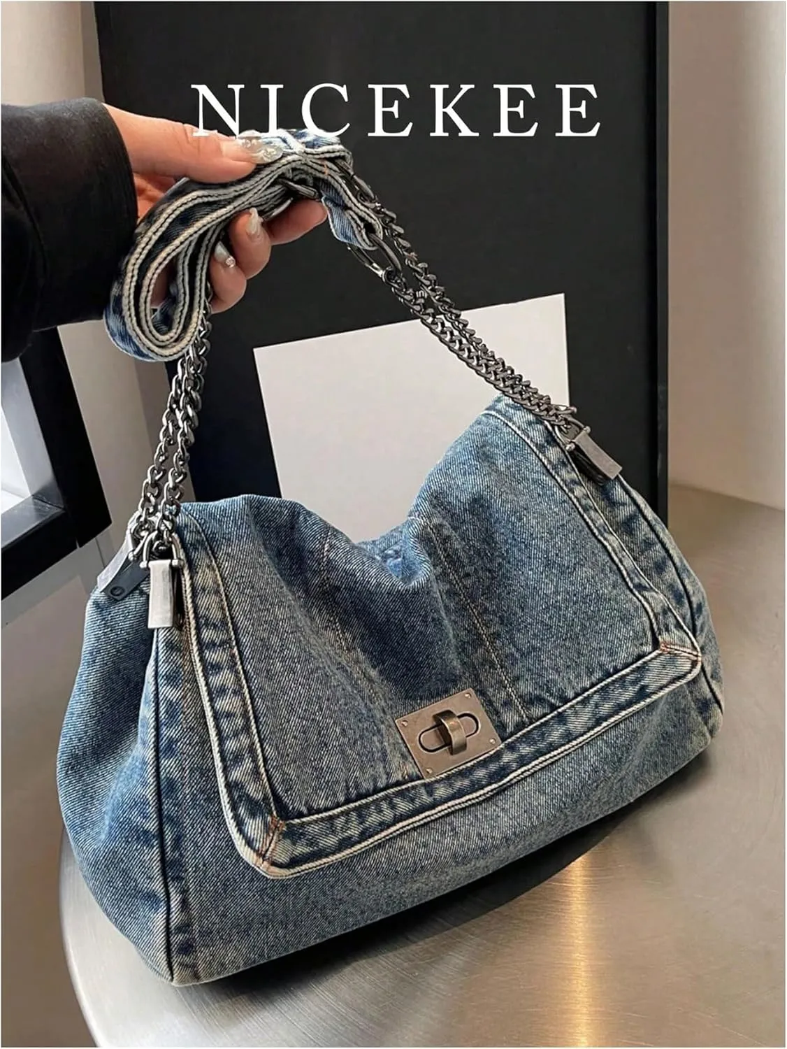 SweatyRocks Women's Denim Shoulder Purses Jean Top Handle Y2k Denim Shoulder Bag Crossbody Handbags