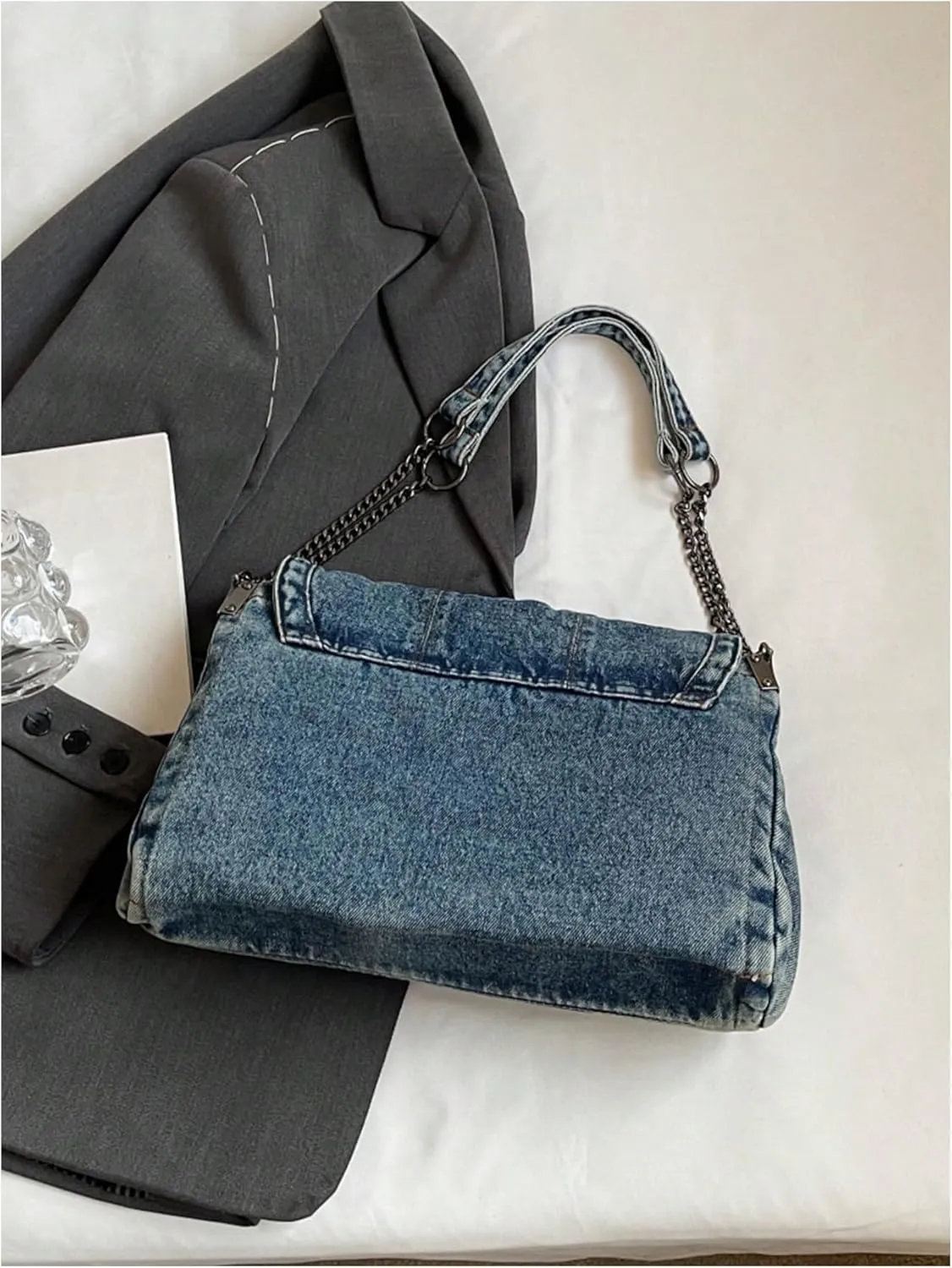 SweatyRocks Women's Denim Shoulder Purses Jean Top Handle Y2k Denim Shoulder Bag Crossbody Handbags