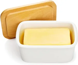 Sweese Butter Dish with Lid, Large Porcelain Keeper with Beech Wooden Lid for Countertop, Perfect for East and West Coast Butter, White