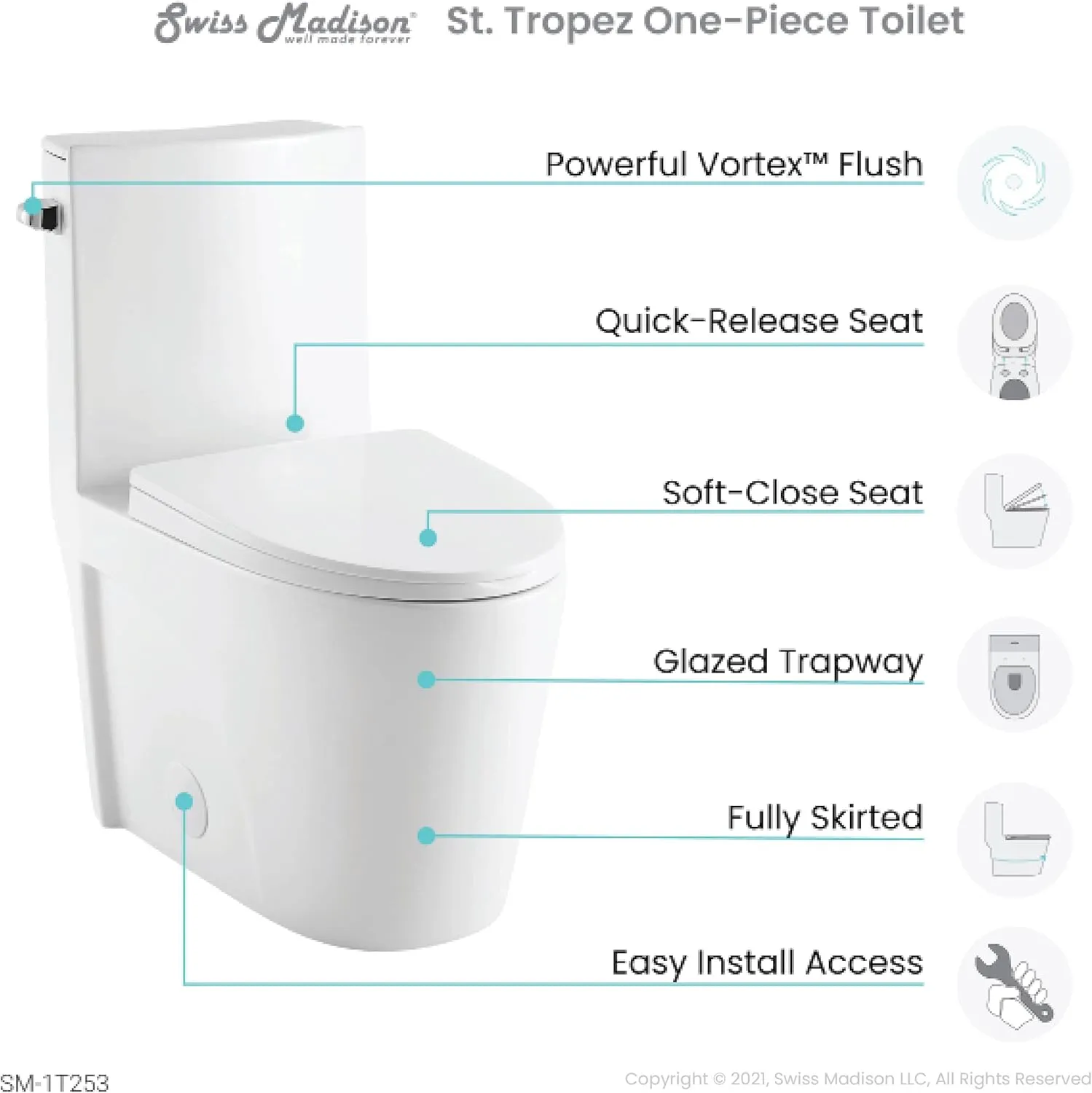 Swiss Madison Well Made Forever SM-1T254, St. Tropez One Piece Toilet Dual Tornado Flush 1.1/1.6 GPF with Soft Closing Seat, Comfort Height, Glossy White