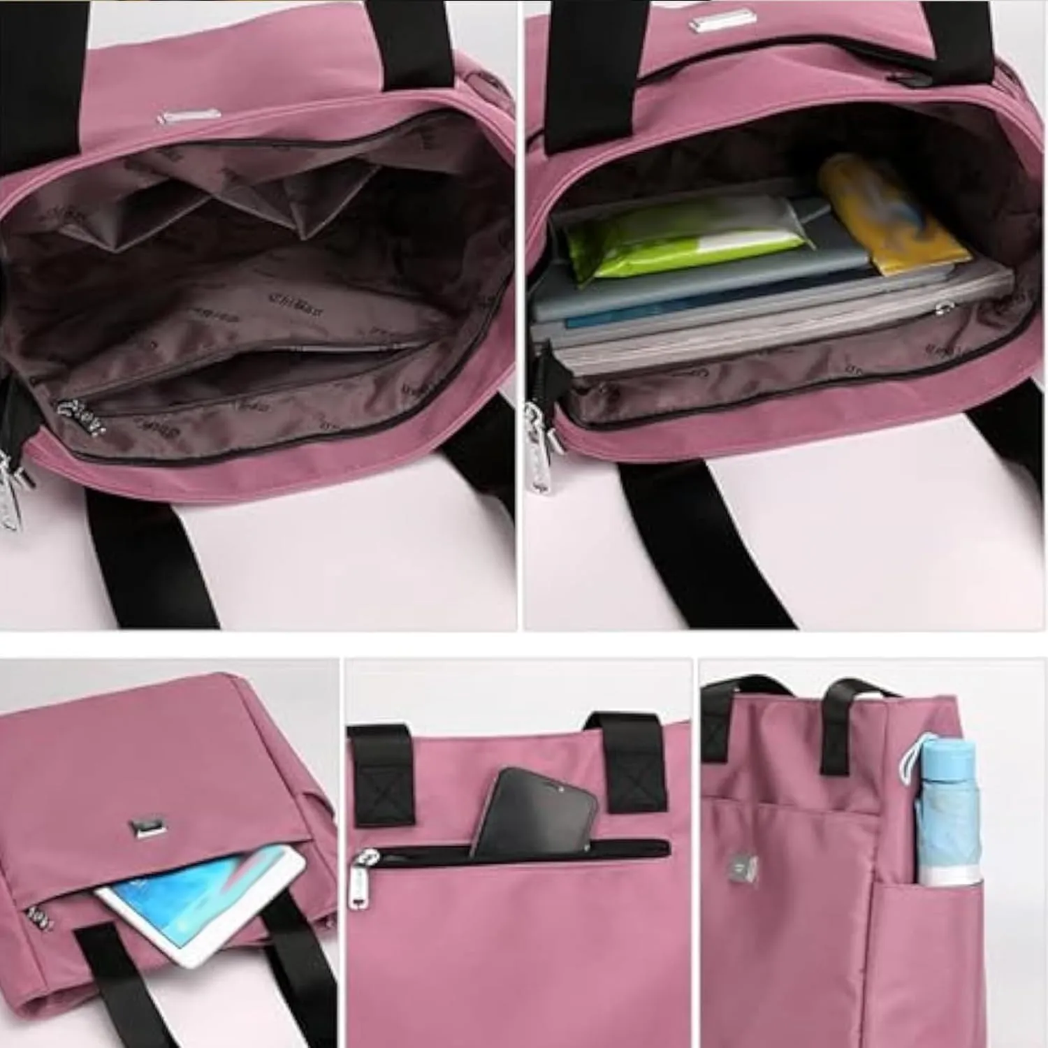 Symmetry up Large Capacity Water Repellent Multi Pocket Nylon Shoulder Bag, Women Tote Purse Zipper Nylon Handbag