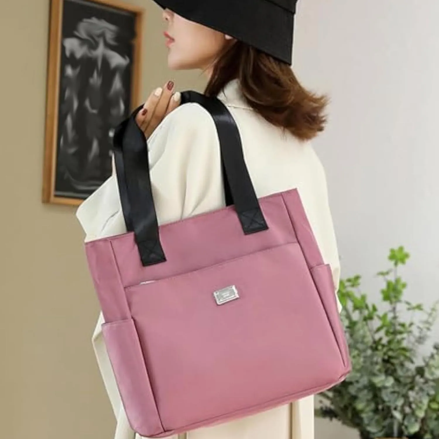 Symmetry up Large Capacity Water Repellent Multi Pocket Nylon Shoulder Bag, Women Tote Purse Zipper Nylon Handbag