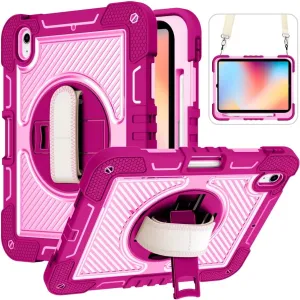 Tablet PC Case Compatible with iPad 10th Generation 10.9 inch 2022 CASE,Heavy Duty Rugged Shockproof Protective Case with Hand Strap/Shoulder Strap Stable Kickstand Silicone Shell Protective Case(Rose